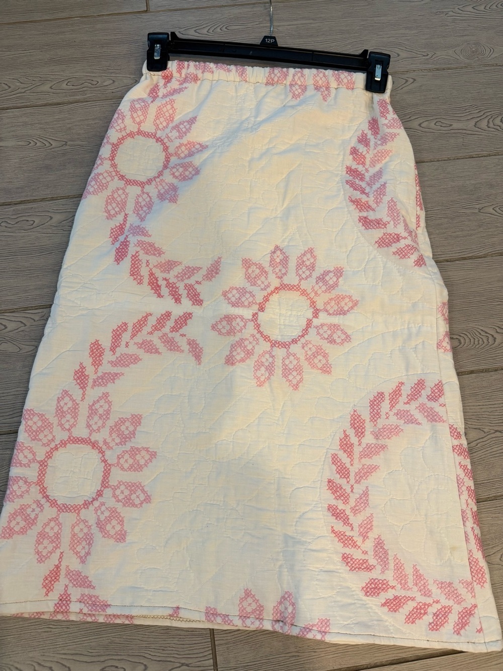 Small Up-cycled from 1950s quilt Cream Midi Skirt with Pink Floral Embroidery